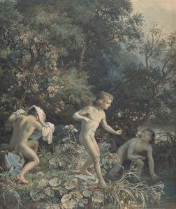 Rivière avec trois garçons se baignant, 19ème siècle - Christian Friedrich Gille