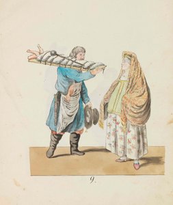 Boucher avec cochon sur la planche et marchande, de la série The St. Petersburg..., 1799 - Christian Gottfried Heinrich Geissler