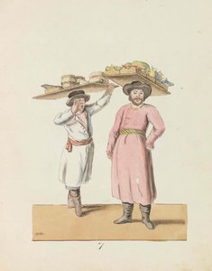 Vendeuse de fruits et paysan vendant du fromage et du hareng de la série The St. Petersburg..., 1799 - Christian Gottfried Heinrich Geissler