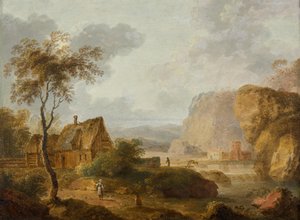 Paysage de montagne avec rivière et ferme