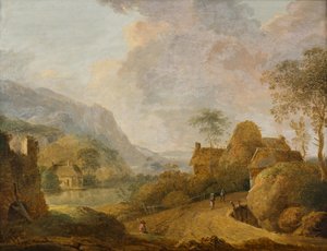 Paysage de montagne avec rivière et ferme