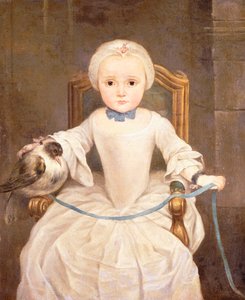 Une jeune fille assise, trois-quarts de longueur, portant une robe ivoire et un bonnet avec un pigeon - Christian Lindner