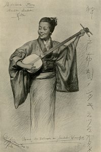 Femme jouant du shamisen, chutes de Mentaki, Kobe, Japon, 1898 - Christian Wilhelm Allers