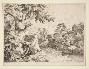 Paysage avec étang bordé de rochers et d