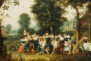 Figures élégantes assises à une table de banquet dans une clairière boisée
