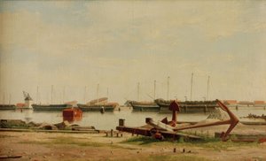 Vue sur Nyholm avec grue et navires de guerre - Christoffer Wilhelm Eckersberg