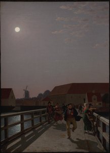 Langebro, Copenhague, au clair de lune avec des figures en mouvement - Christoffer Wilhelm Eckersberg