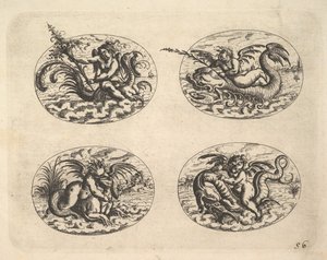 Quatre ovales avec génies, planches du Neue Grotessken Buch, 1610 - Christoph Jamnitzer