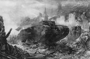 La première utilisation des navires terrestres blindés pendant la guerre, les « Tanks » sur le front occidental (lithographie)