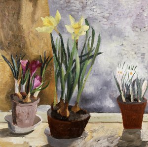Crocus and narcisses (jonquilles) dans des pots. Peinture de Christopher Wood (1901-1930) Collection privee. - Christopher Wood