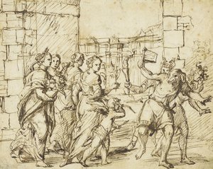 La fête des Lupercales à Rome : Cupidon et les personnifications de la fertilité rencontrent les Luperci déguisés en chiens et en chèvres - Circle of Adam Elsheimer