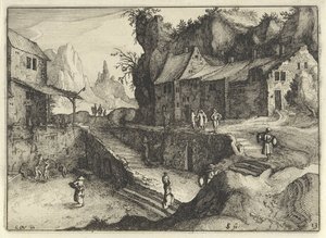 Village de montagne avec maisons et escaliers