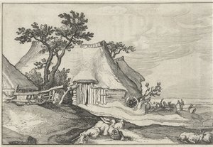 Ferme et berger avec moutons et chèvre