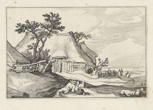 Ferme et berger avec moutons et chèvre (série Landschappen met boerderijen)