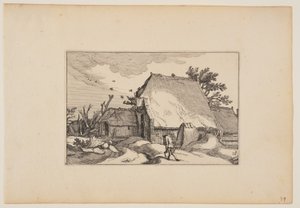 Une ferme, un homme avec deux seaux sur le chemin devant, tiré de Paysages (Verscheyden aerdige Lanthuysen...)