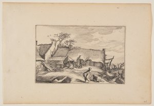 Ferme, homme portant un panier au premier plan, extrait de Paysages (Verscheyden aerdige Lanthuysen...)