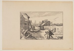 Village, échelle dressée contre la maison à gauche, extrait de Paysages (Verscheyden aerdige Lanthuysen...) - Claes Jansz. Visscher