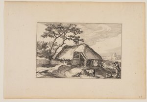 Grange, troupeau reposant sur son bâton au premier plan à droite, tiré de Paysages (Verscheyden aerdige Lanthuysen...)