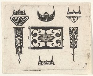 Gravure en noir avec neuf motifs
