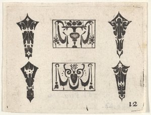 Gravure en noir avec deux panneaux horizontaux et quatre cabochons - Claes Jansz Visscher