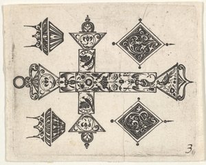 Gravure en noir avec une croix latine et quatre motifs, vers 1620 - Claes Jansz Visscher