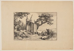 Grange délabrée avec troupeau et bétail, extrait de Paysages (Verscheyden aerdige Lanthuysen...)