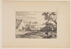 Cour de ferme Jeune homme et femme au premier plan, extrait de Paysages (Verscheyden aerdige Lanthuysen...) - Claes Jansz. Visscher