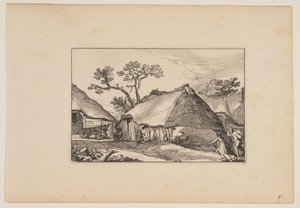 Deux granges, charrette à gauche, extraites de Paysages (Verscheyden aerdige Lanthuysen...) - Claes Jansz. Visscher