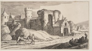 Un paysan avec un cheval sur une route près des remparts de la ville, extrait de Paysages (Playsante Lantschappen) - Claes Jansz. Visscher II