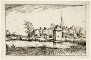 Étang et village, planche quinze après Images de fermes, de maisons de campagne et de villages rustiques (Praediorum villarum et rusticarum casularum icones) - Claes Jansz. Visscher II