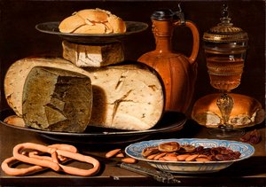 Dutch : Nature morte aux fromages, amandes et bretzels Nature morte aux fromages, amandes et bretzels