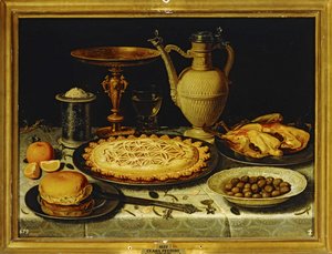 Nature morte - Repas avec poulet rôti, pain et olives ...