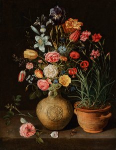 Nature morte avec des roses, des lys, un iris et d
