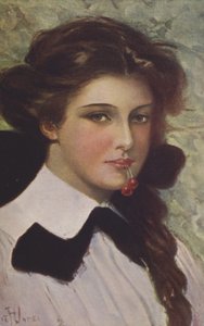 Fille avec des cerises dans la bouche