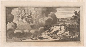 Représentation allégorique ou biblique avec une figure agenouillée devant un homme sur un trône avec des flammes - Claude Augustin Duflos