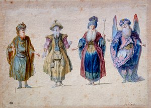 Quatre prêtres de théâtre Aquarelle de Claude Gillot - Claude Gillot