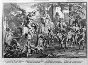 Cérémonie du sabbat, démons, sorcières et créatures monstrueuses dansant. Gravure de Gillet