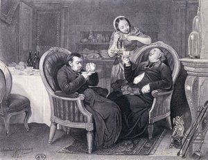 Après-dîner : Deux prêtres prennent du café et un digestif, servis par leur servante - Claude Jacquand