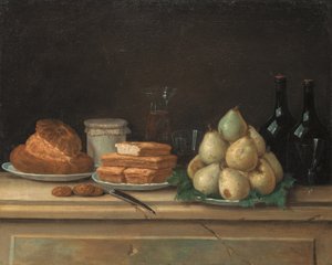 Poires et pain sur des assiettes, avec des bouteilles de vin et des verres sur un rebord de pierre - Claude Joseph Fraichot