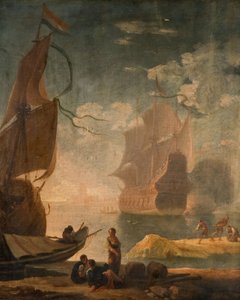 Scène de port avec un vaisseau de guerre et des personnages sur un quai, 1825