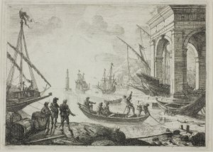 Scène de port avec un phare