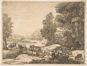 Berger et bergère conversant dans un paysage