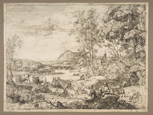 Berger et bergère conversant dans un paysage