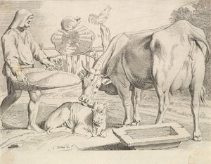 Scène de campagne avec un paysan, une vache et un veau - Claude Mellan