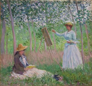 Dans les bois à Giverny : Blanche Hoschedé à son chevalet avec Suzanne Hoschedé lisant, 1887 - Claude Monet