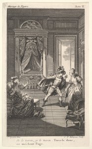 Un homme se penche vers une femme debout dans une porte à droite, à gauche une femme assise lève..., vers 1784 - Claude Nicolas Malapeau
