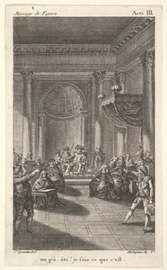 Un homme assis sur une chaise sur une plate-forme en escalier tient une audience, deux hommes pointant, ca. 1784
