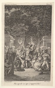 Un jeune garçon tient une torche sous des arbres dans un jardin, au centre un homme lève les deux bras, vers 1784 - Claude Nicolas Malapeau