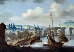 Vue de la ville de Rouen. Les navires sont amarrés sur les rives de la Seine. Peinture de Claude de Jongh