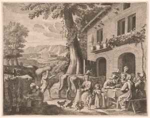 Un fermier assis à table avec sa famille, planche 13 des Pastorales - Claudine Bouzonnet Stella